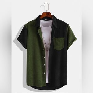 Mens Corduroy Color Block Short Sleeve Button Up Collared Shirt